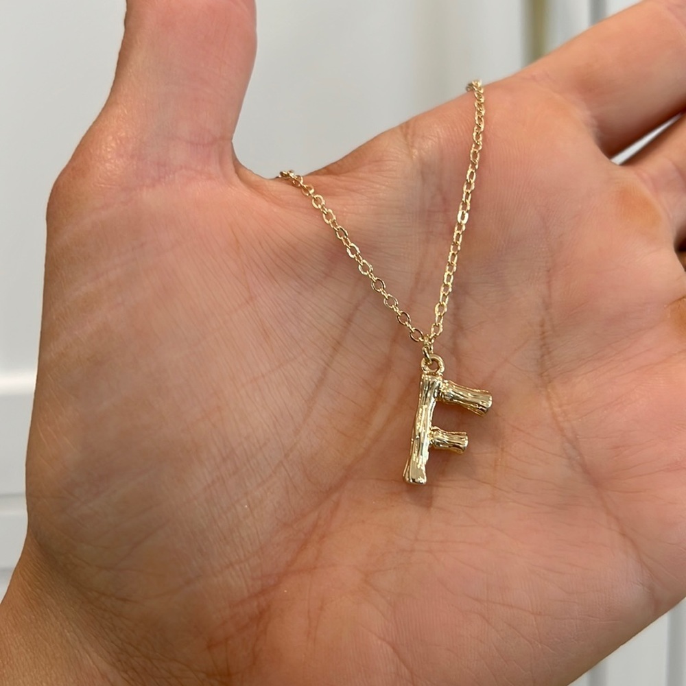Gold Initial Letter Necklace Bamboo Link Charm F